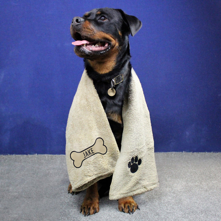 Buy Personalised Bone Brown Microfibre Pet Towel available now at www.giftsfinder.co.uk