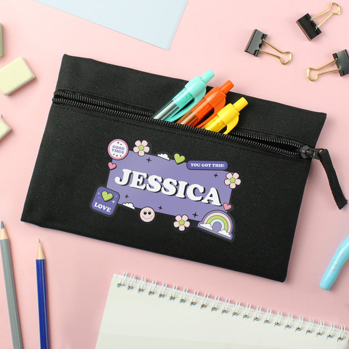 Buy Personalised Good Vibes Black Pencil Case available now at www.giftsfinder.co.uk