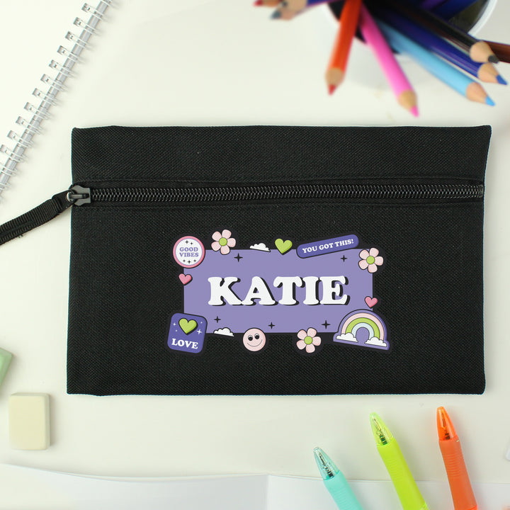 Buy Personalised Good Vibes Black Pencil Case available now at www.giftsfinder.co.uk