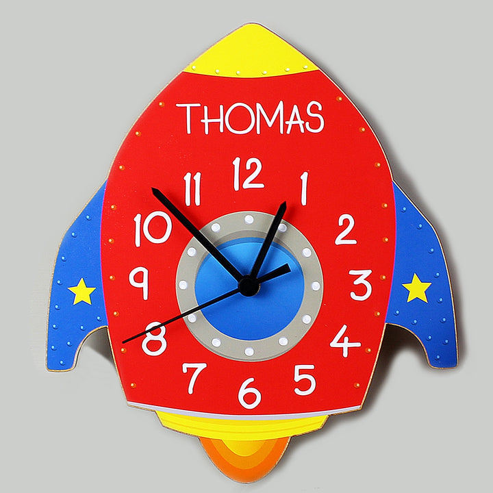 Buy Personalised Rocket Shape Wooden Clock at www.giftsfinder.co.uk