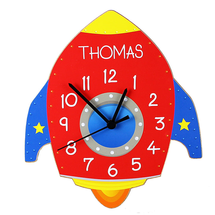 Buy Personalised Rocket Shape Wooden Clock at www.giftsfinder.co.uk