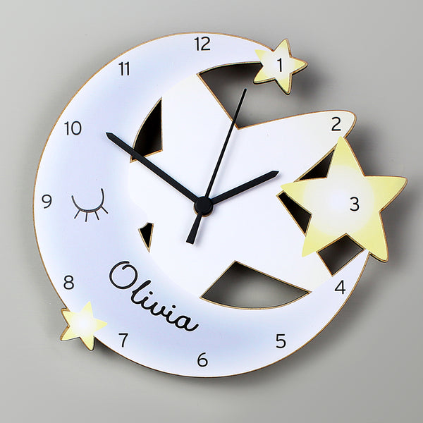 Buy Personalised Moon and Stars Shape Wooden Clock at www.giftsfinder.co.uk