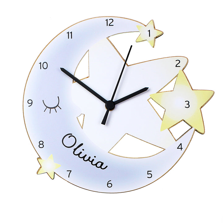 Personalised Moon And Stars Shape Wooden Clock - part of the Gifts Finder Personalised Wooden Clocks collection