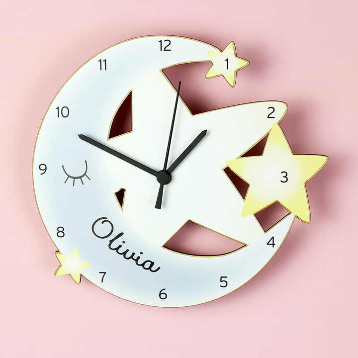 Personalised Moon And Stars Shape Wooden Clock - part of the Gifts Finder Personalised Wooden Clocks collection