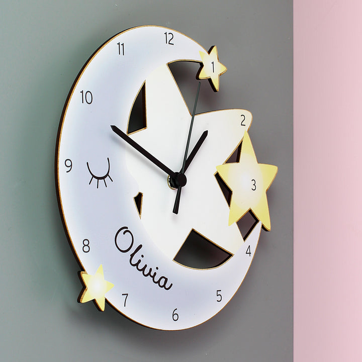 Personalised Moon And Stars Shape Wooden Clock - part of the Gifts Finder Personalised Wooden Clocks collection