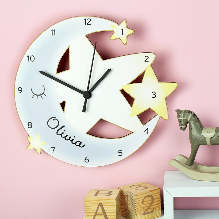 Personalised Moon And Stars Shape Wooden Clock - part of the Gifts Finder Personalised Wooden Clocks collection