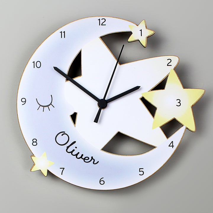 Personalised Moon And Stars Shape Wooden Clock - part of the Gifts Finder Personalised Wooden Clocks collection