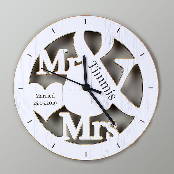 Buy Personalised Mr & Mrs Shape Wooden Clock at www.giftsfinder.co.uk