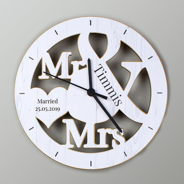 Personalised Mr & Mrs Shape Wooden Clock - part of the Gifts Finder Personalised Wooden Clocks collection