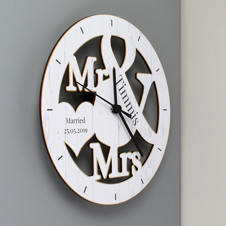 Personalised Mr & Mrs Shape Wooden Clock - part of the Gifts Finder Personalised Wooden Clocks collection