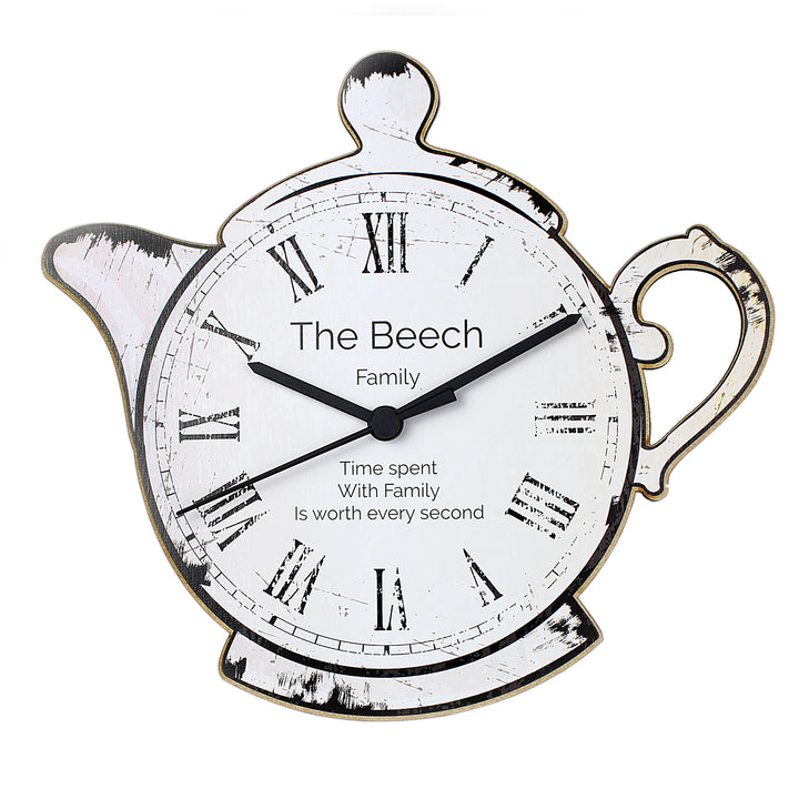 Personalised Teapot Shape Wooden Clock - part of the Gifts Finder Personalised Wooden Clocks collection