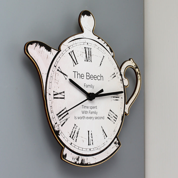 Personalised Teapot Shape Wooden Clock - part of the Gifts Finder Personalised Wooden Clocks collection