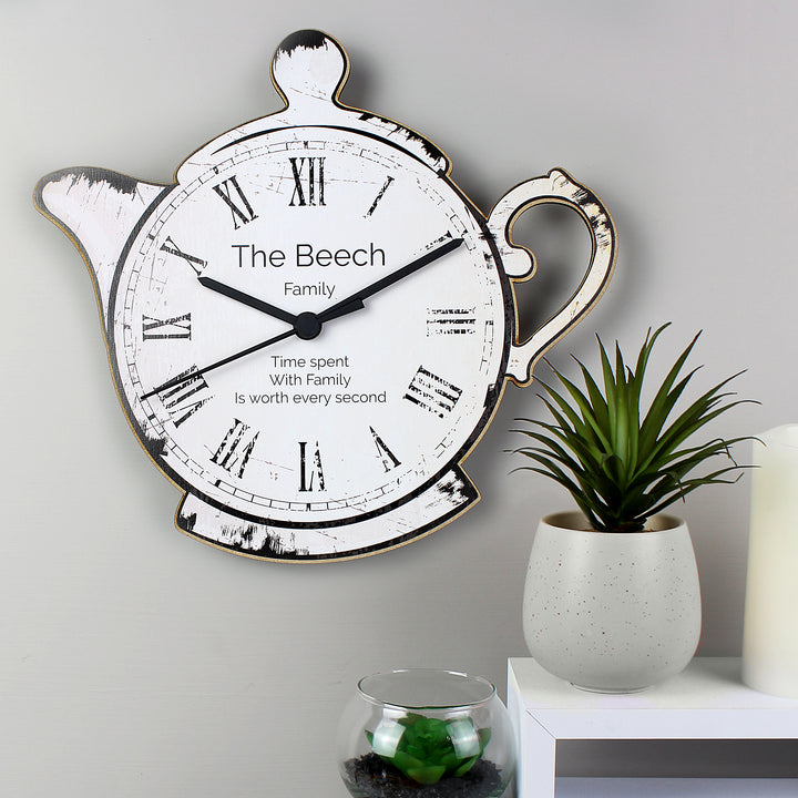 Personalised Teapot Shape Wooden Clock - part of the Gifts Finder Personalised Wooden Clocks collection