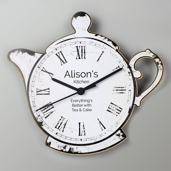 Personalised Teapot Shape Wooden Clock - part of the Gifts Finder Personalised Wooden Clocks collection