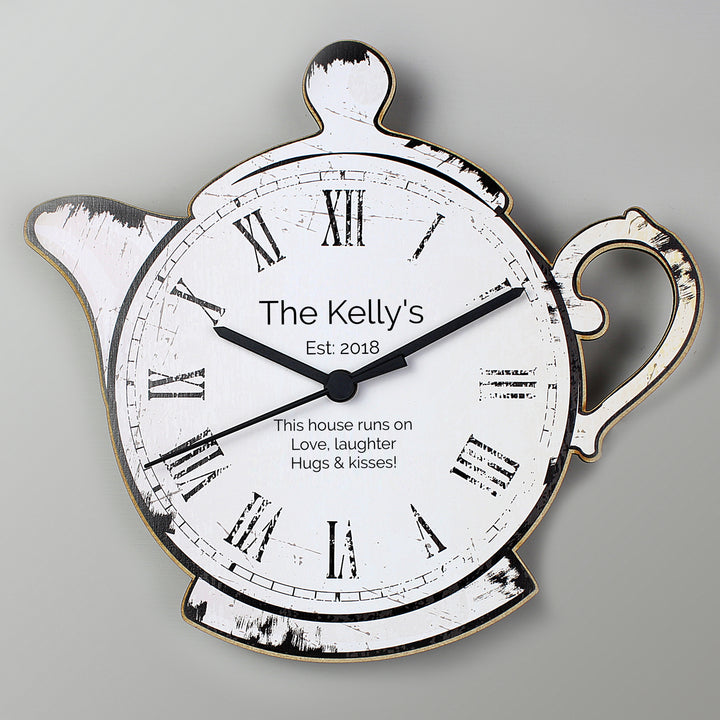 Personalised Teapot Shape Wooden Clock - part of the Gifts Finder Personalised Wooden Clocks collection