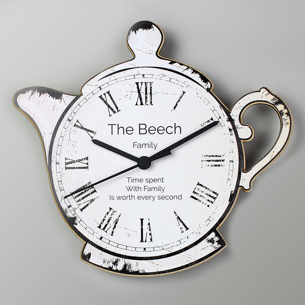 Buy Personalised Teapot Shape Wooden Clock at www.giftsfinder.co.uk