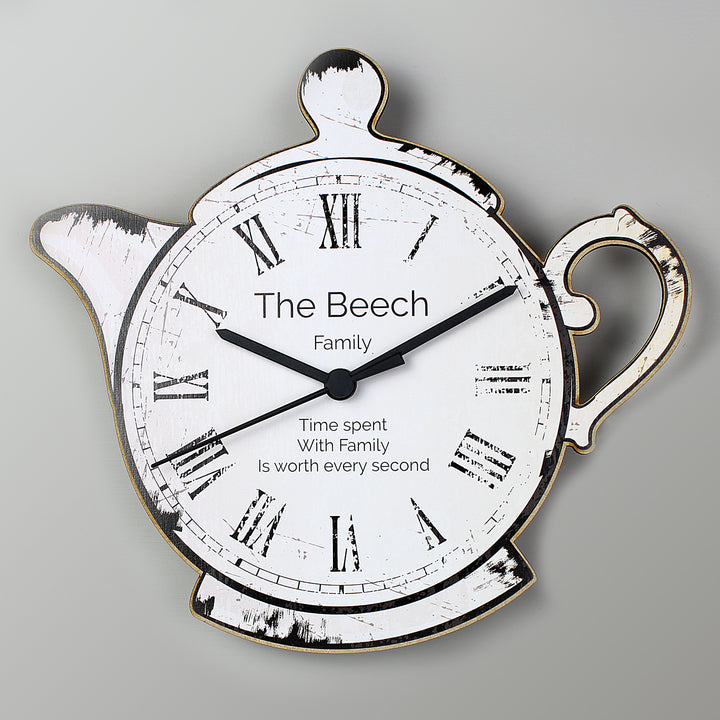 Personalised Teapot Shape Wooden Clock - part of the Gifts Finder Personalised Wooden Clocks collection