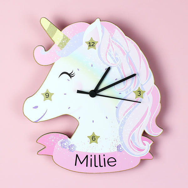 Buy Personalised Unicorn Shape Wooden Clock at www.giftsfinder.co.uk