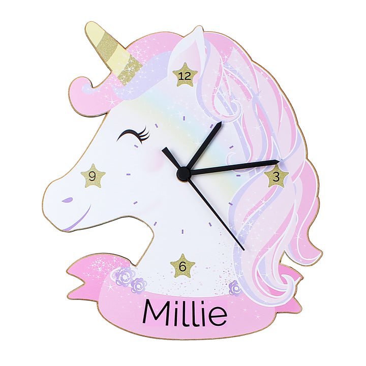 Personalised Unicorn Shape Wooden Clock - part of the Gifts Finder Personalised Wooden Clocks collection