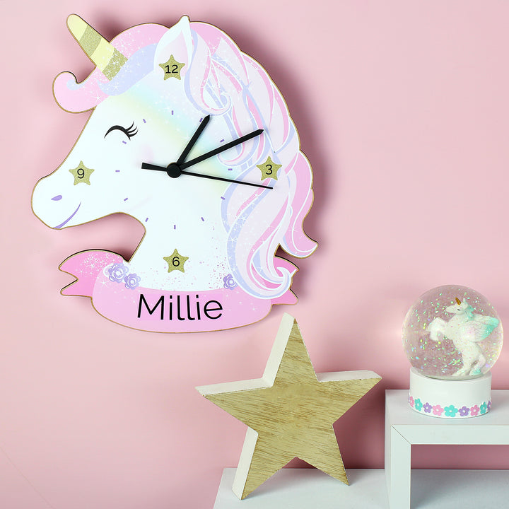 Personalised Unicorn Shape Wooden Clock - part of the Gifts Finder Personalised Wooden Clocks collection