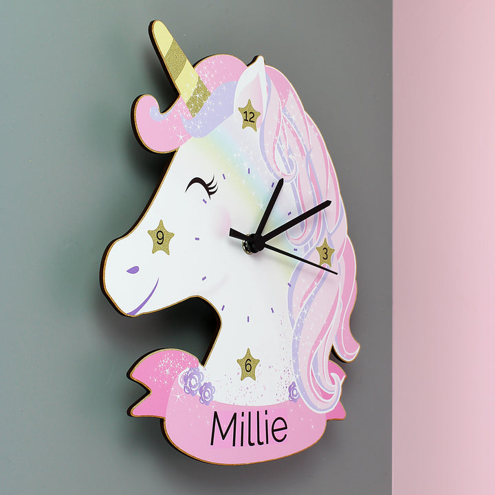 Personalised Unicorn Shape Wooden Clock - part of the Gifts Finder Personalised Wooden Clocks collection