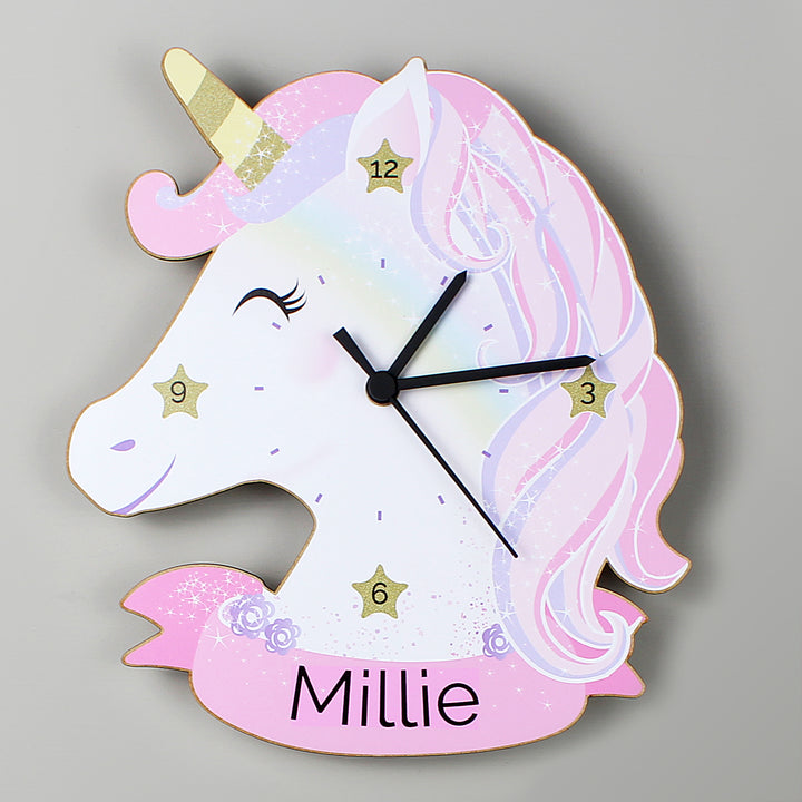 Personalised Unicorn Shape Wooden Clock - part of the Gifts Finder Personalised Wooden Clocks collection