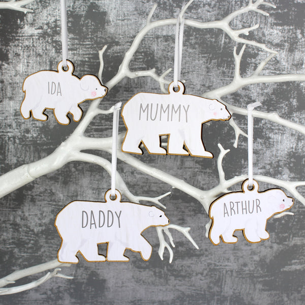 Buy Personalised Set of Four Polar Bear Family Wooden Hanging Decorations at www.giftsfinder.co.uk