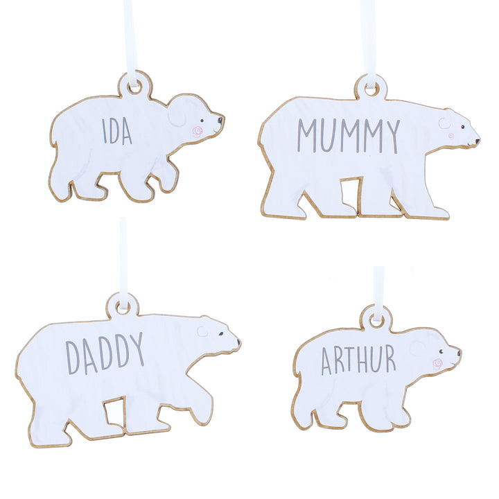 Buy Personalised Set of Four Polar Bear Family Wooden Hanging Decorations at www.giftsfinder.co.uk