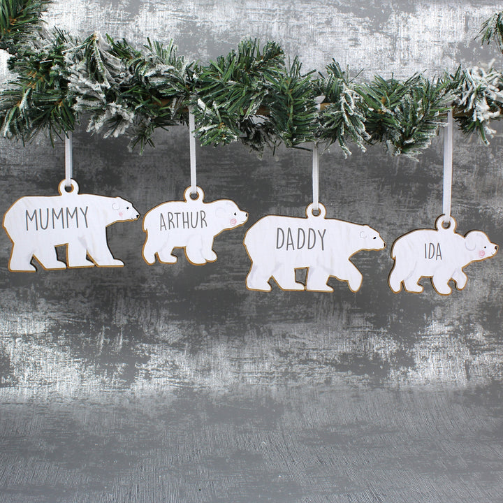 Buy Personalised Set of Four Polar Bear Family Wooden Hanging Decorations at www.giftsfinder.co.uk