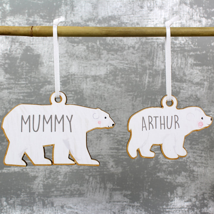 Buy Personalised Set of Four Polar Bear Family Wooden Hanging Decorations at www.giftsfinder.co.uk