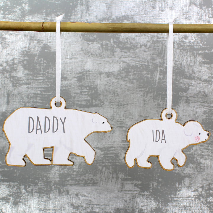 Buy Personalised Set of Four Polar Bear Family Wooden Hanging Decorations at www.giftsfinder.co.uk