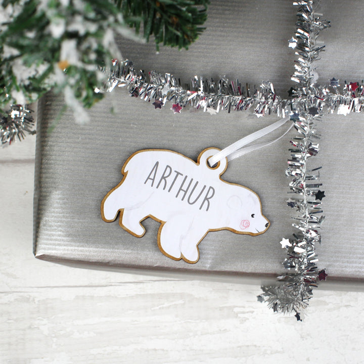 Buy Personalised Set of Four Polar Bear Family Wooden Hanging Decorations at www.giftsfinder.co.uk