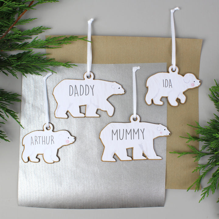 Buy Personalised Set of Four Polar Bear Family Wooden Hanging Decorations at www.giftsfinder.co.uk