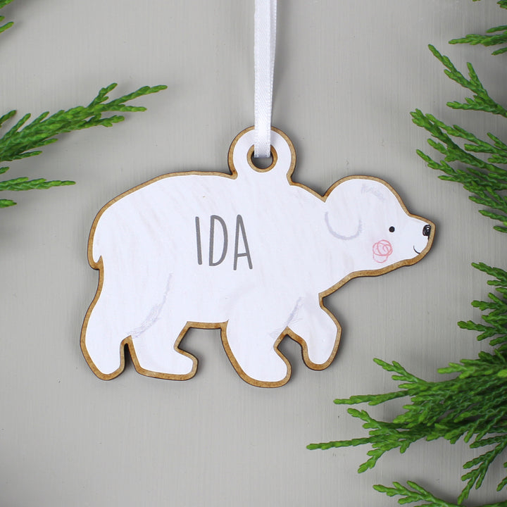 Buy Personalised Set of Four Polar Bear Family Wooden Hanging Decorations at www.giftsfinder.co.uk