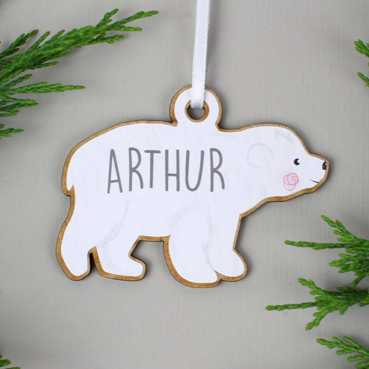 Buy Personalised Set of Four Polar Bear Family Wooden Hanging Decorations at www.giftsfinder.co.uk