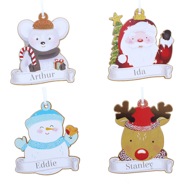 Buy Personalised Set of Four Colourful Christmas Characters Wooden Hanging Decorations at www.giftsfinder.co.uk