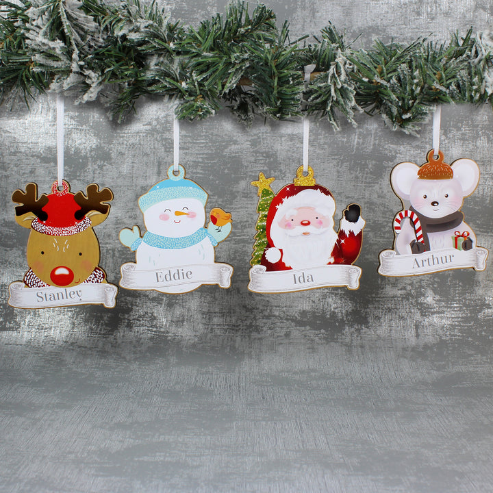 Buy Personalised Set of Four Colourful Christmas Characters Wooden Hanging Decorations at www.giftsfinder.co.uk