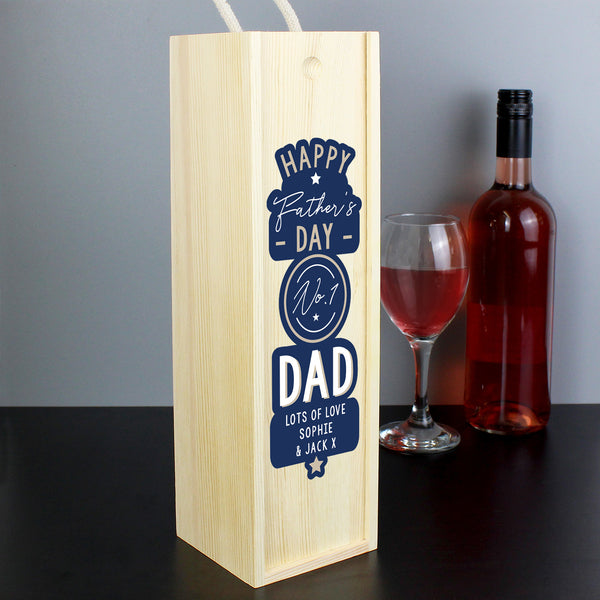 Buy Personalised Happy Father's Day No. 1 Dad Wooden Wine Bottle Box at www.giftsfinder.co.uk