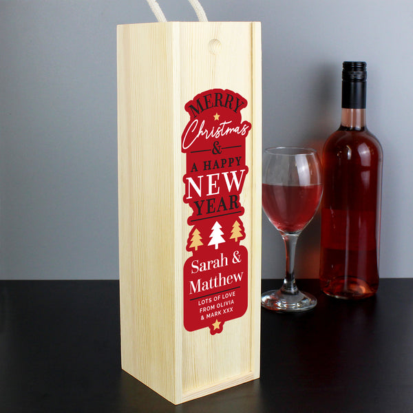 Buy Personalised Merry Christmas & A Happy New Year Wooden Bottle Box available now at www.giftsfinder.co.uk