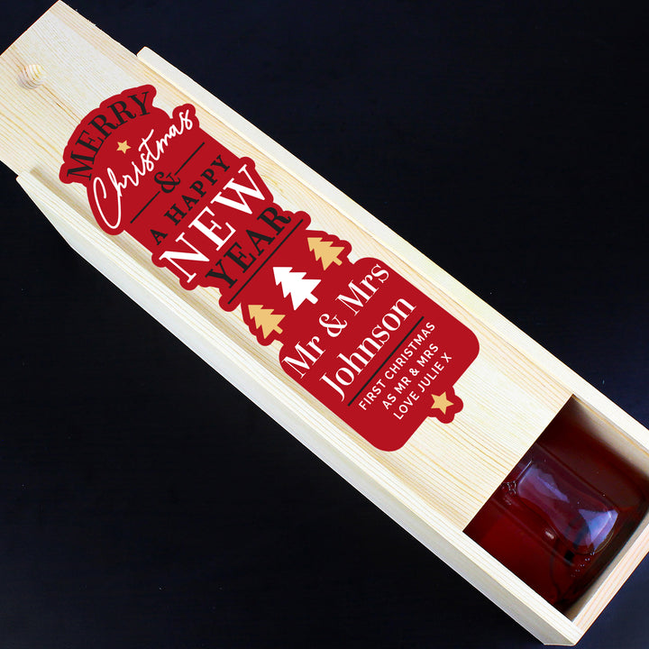 Buy Personalised Merry Christmas & A Happy New Year Wooden Bottle Box available now at www.giftsfinder.co.uk