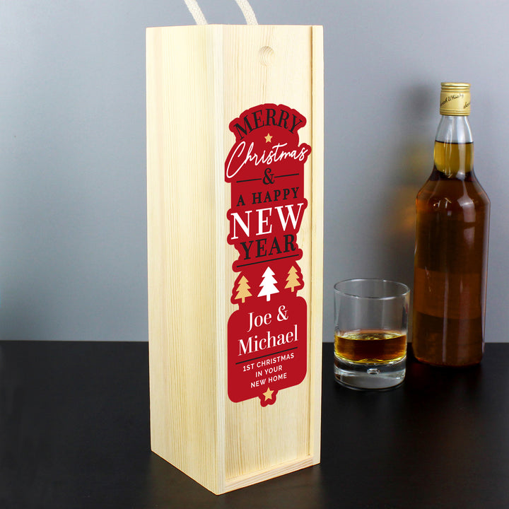 Buy Personalised Merry Christmas & A Happy New Year Wooden Bottle Box available now at www.giftsfinder.co.uk