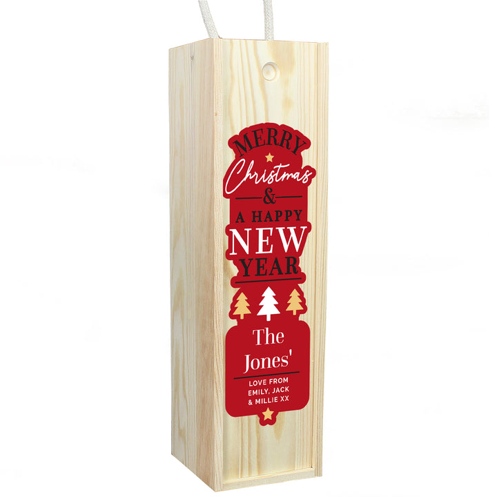 Buy Personalised Merry Christmas & A Happy New Year Wooden Bottle Box available now at www.giftsfinder.co.uk