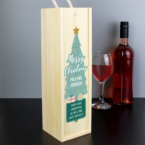 Buy Personalised Merry Christmas Wooden Bottle Box available now at www.giftsfinder.co.uk