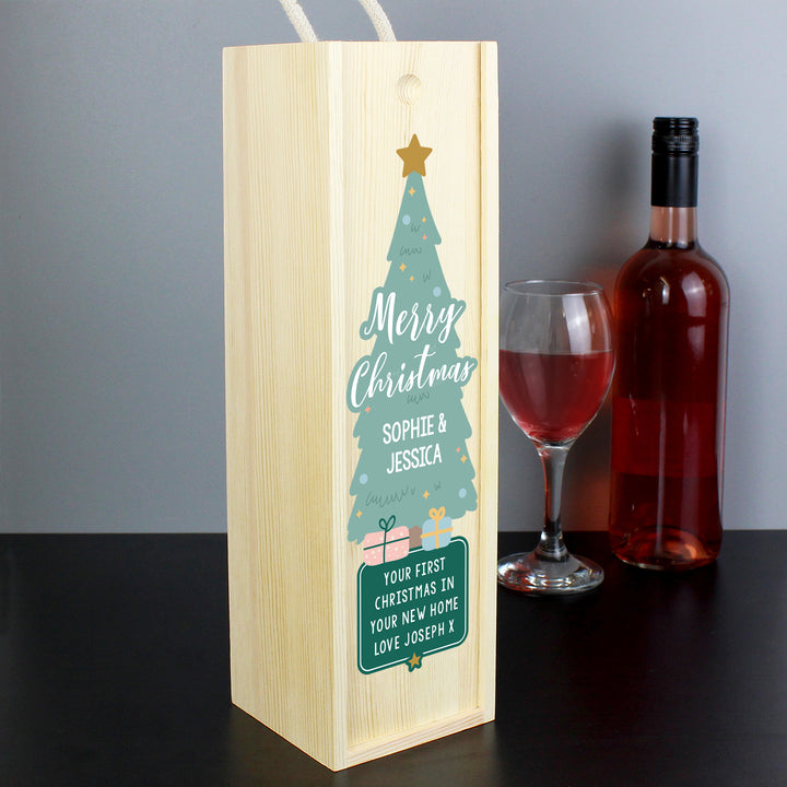 Buy Personalised Merry Christmas Wooden Bottle Box available now at www.giftsfinder.co.uk