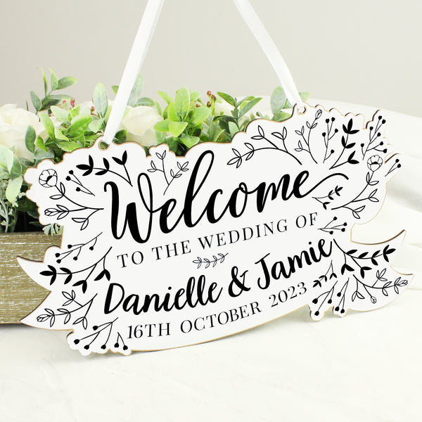 Buy Personalised Monochrome Floral Wedding Wooden Hanging Decoration available now at www.giftsfinder.co.uk