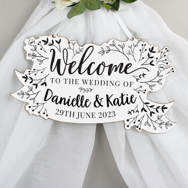 Buy Personalised Monochrome Floral Wedding Wooden Hanging Decoration available now at www.giftsfinder.co.uk