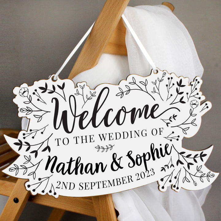 Buy Personalised Monochrome Floral Wedding Wooden Hanging Decoration available now at www.giftsfinder.co.uk