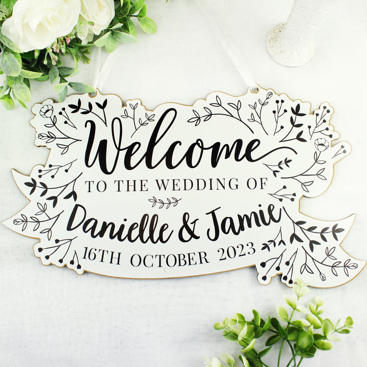 Buy Personalised Monochrome Floral Wedding Wooden Hanging Decoration available now at www.giftsfinder.co.uk