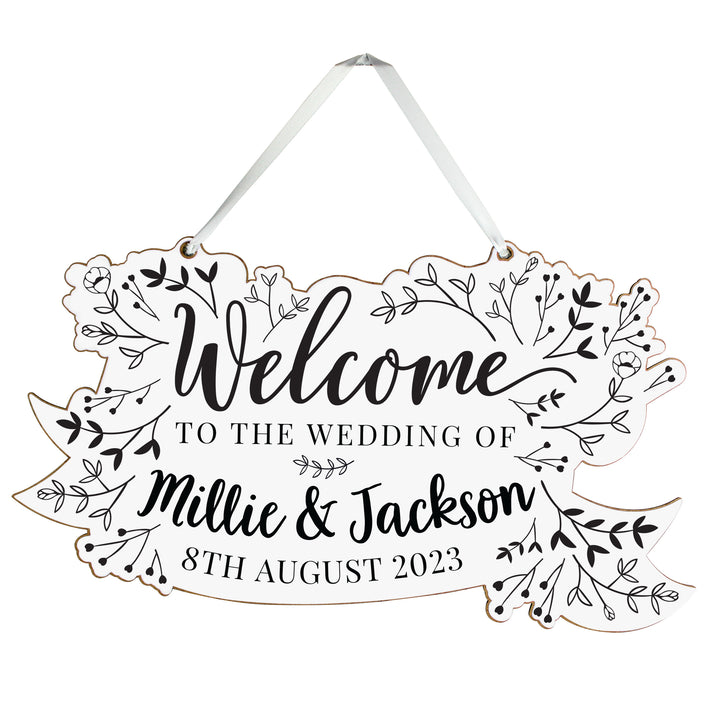 Buy Personalised Monochrome Floral Wedding Wooden Hanging Decoration available now at www.giftsfinder.co.uk