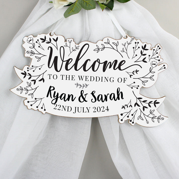 Buy Personalised Monochrome Floral Wedding Wooden Hanging Decoration available now at www.giftsfinder.co.uk